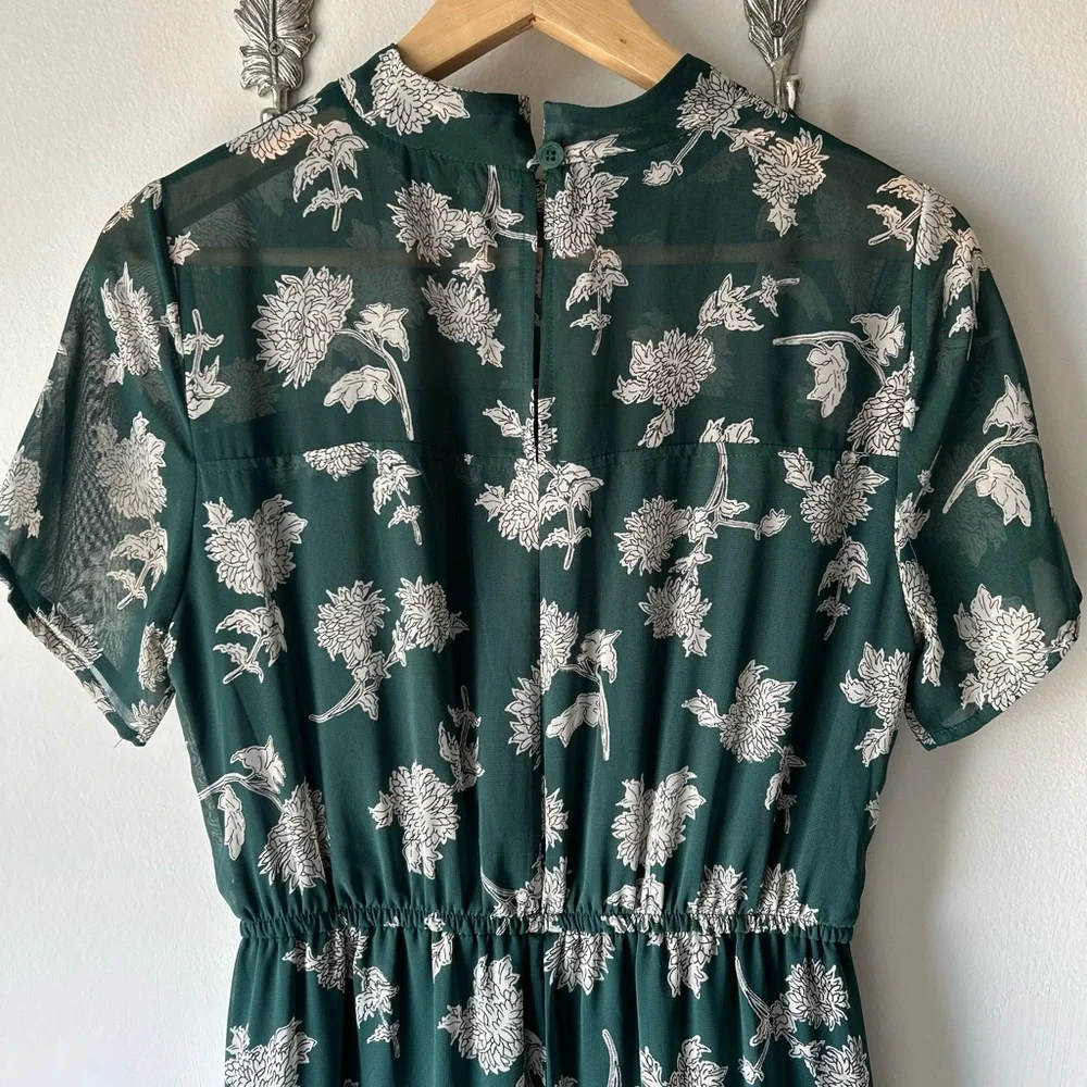 LULU’S Green White Floral Midi Dress | Sheer Sleeve | Mock Neck | Fit Flowy Glam - Picture 6 of 12